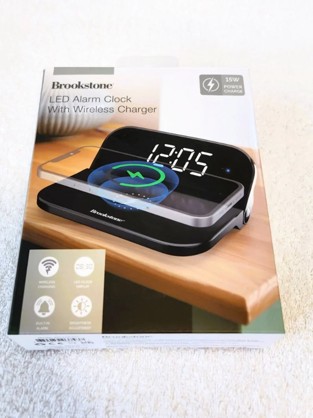 Brookstone LED Alarm Clock w/ 15W Wireless Charger NEW Sealed Clock Date Temp
